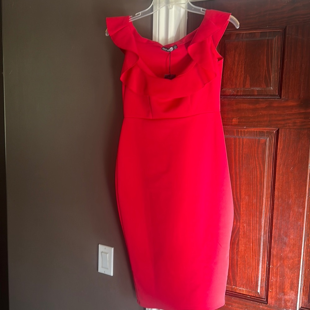 Off the shoulder red dress from boohoo